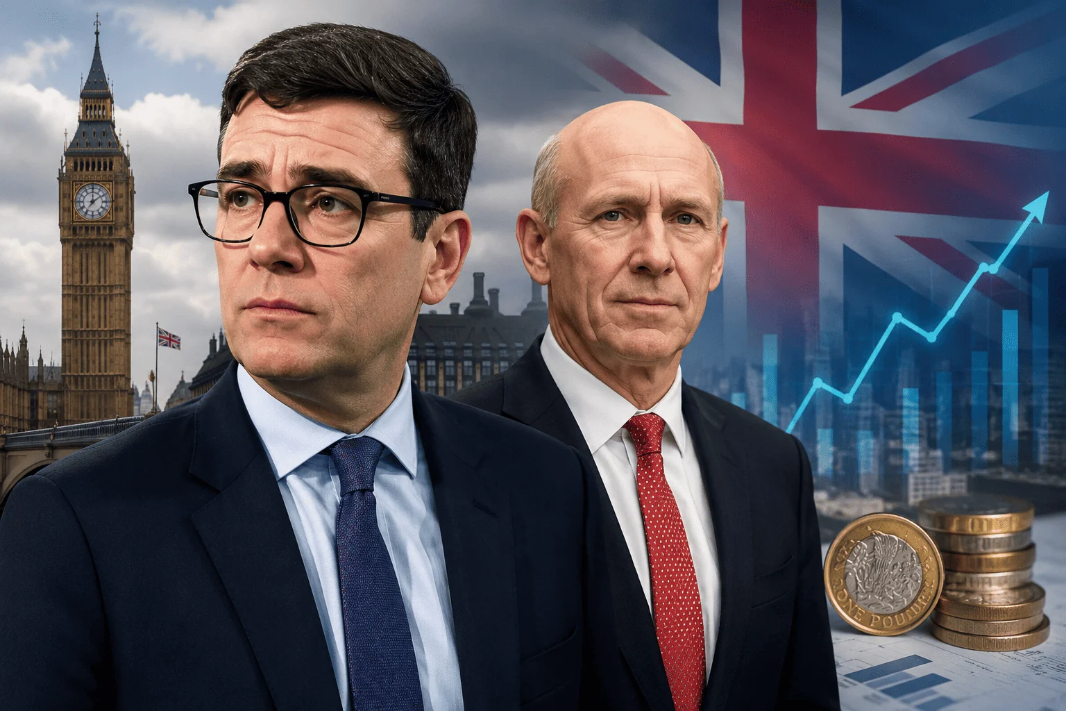 Andy Burnham and John Healey with UK Parliament and financial market graphics symbolizing economic leadership.