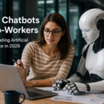 Human and AI robot collaborating in a modern office.