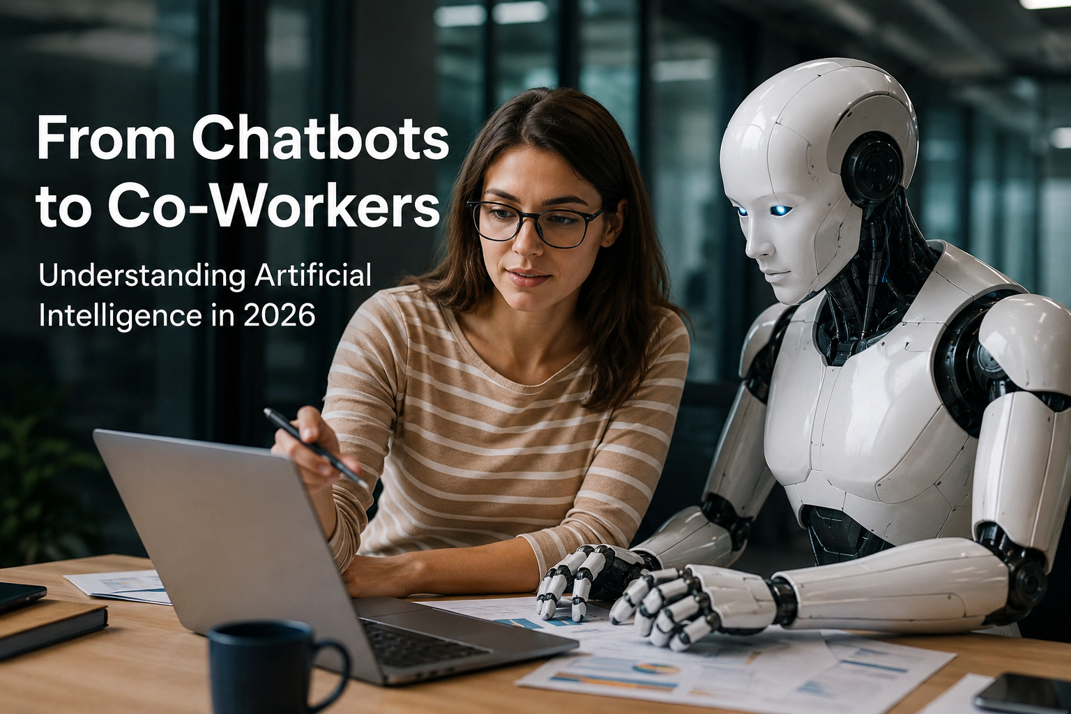 Human and AI robot collaborating in a modern office.