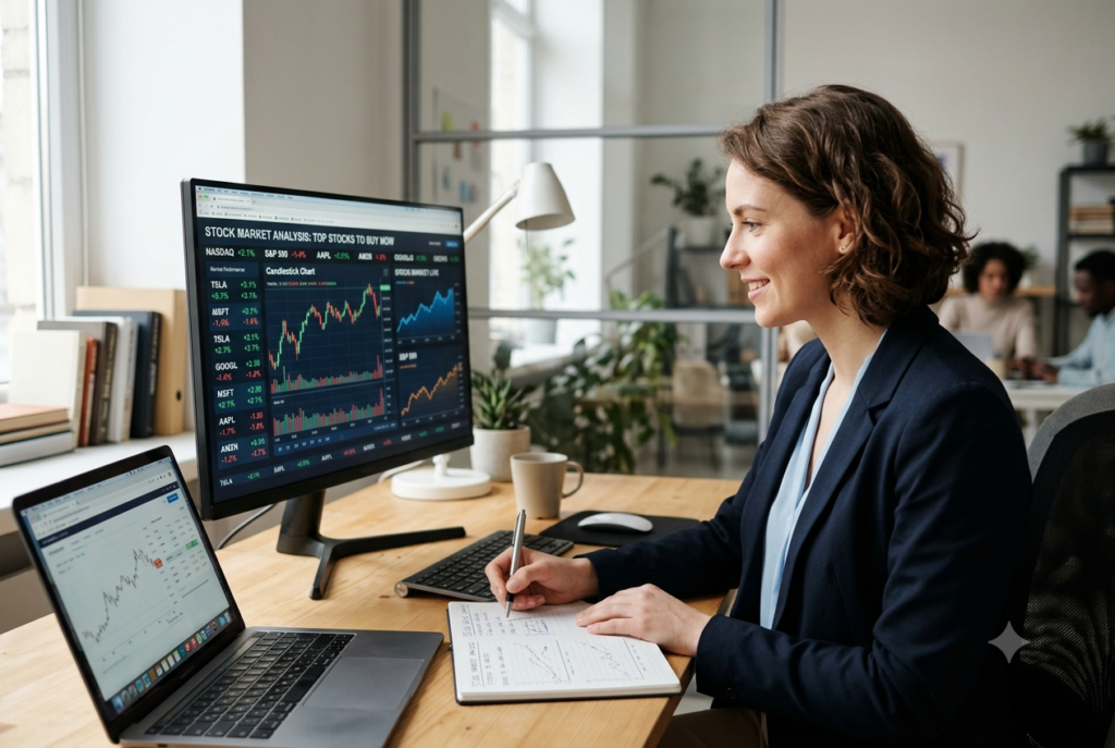 A professional woman sitting at a wooden desk in a modern office, analyzing stock market charts on a large computer monitor and a laptop while writing notes in a notebook.