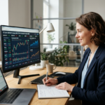 A professional woman sitting at a wooden desk in a modern office, analyzing stock market charts on a large computer monitor and a laptop while writing notes in a notebook.