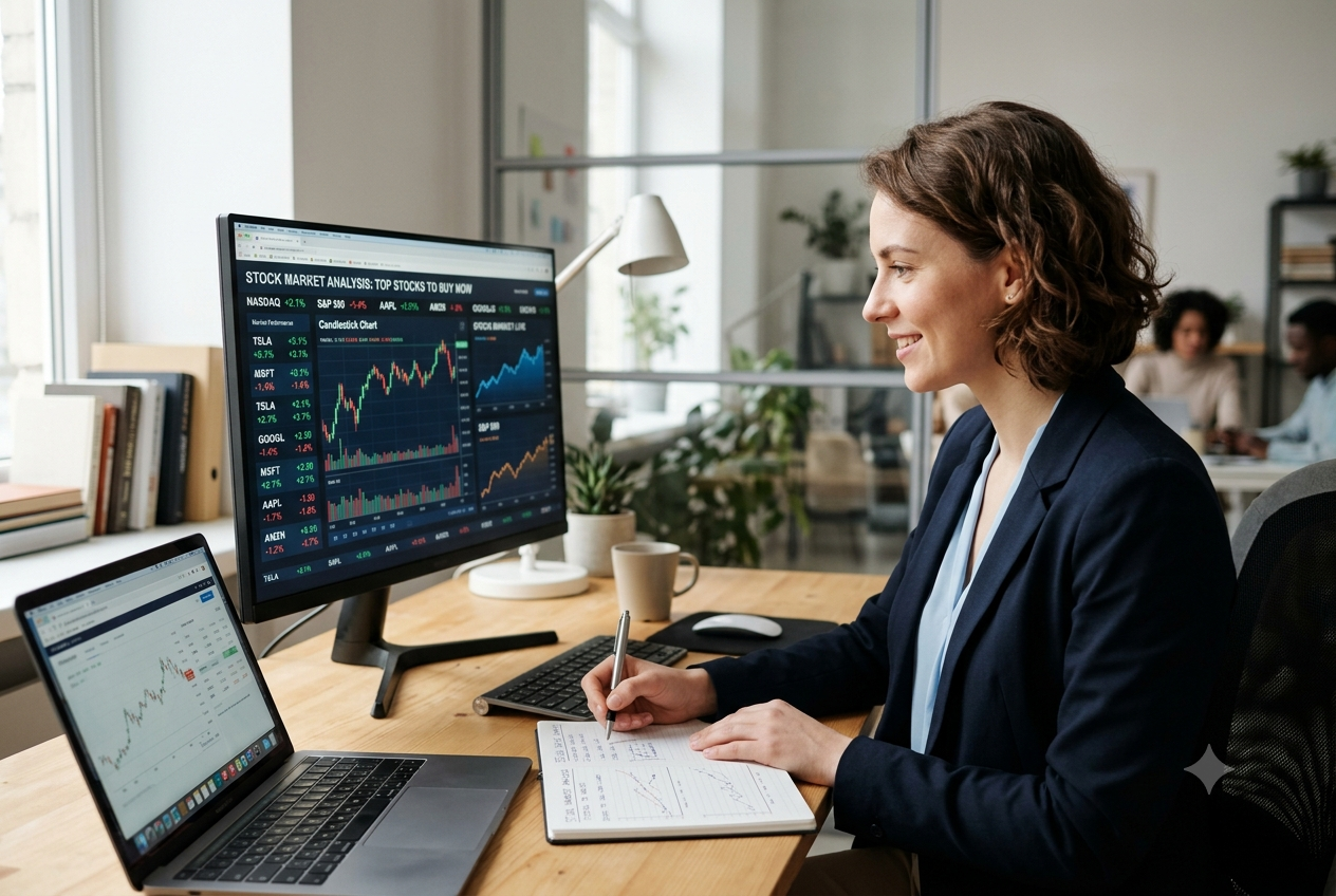 A professional woman sitting at a wooden desk in a modern office, analyzing stock market charts on a large computer monitor and a laptop while writing notes in a notebook.