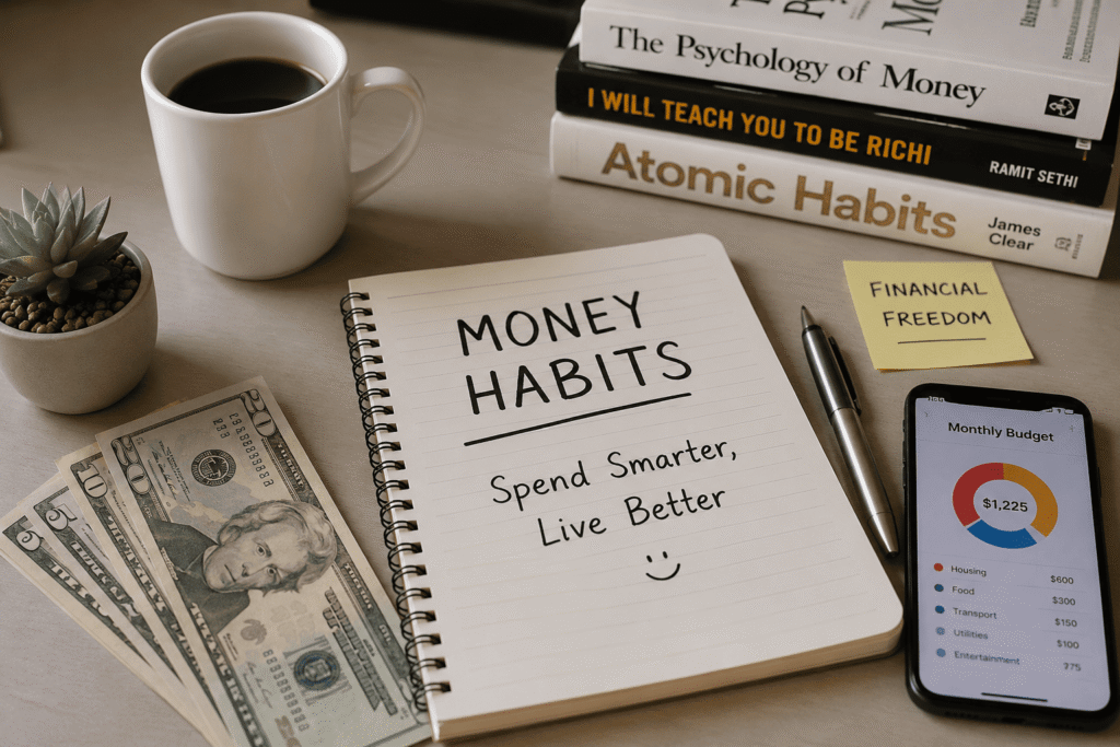 Money habit reset with budget planner, cash, and finance tools on a realistic workspace.