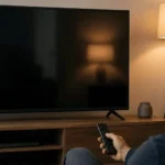 Modern smart TV in a living room highlighting home privacy and connected technology.