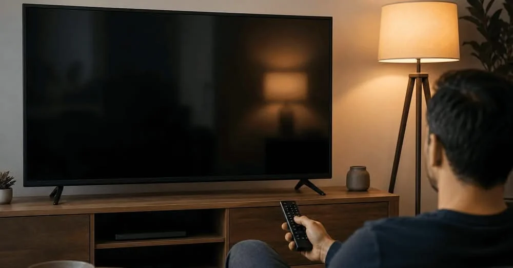 Modern smart TV in a living room highlighting home privacy and connected technology.