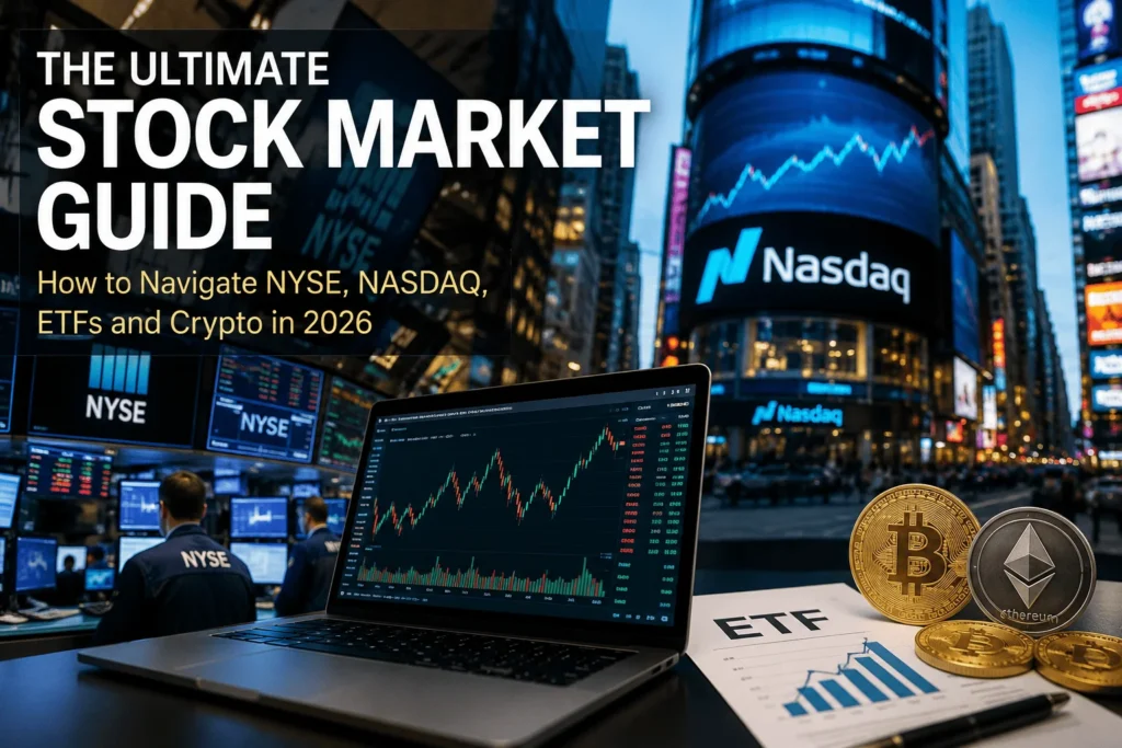 Stock market dashboard showing NYSE, NASDAQ, ETF charts, and Bitcoin representing investing in 2026.