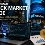 Stock market dashboard showing NYSE, NASDAQ, ETF charts, and Bitcoin representing investing in 2026.