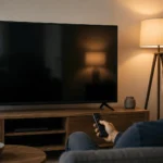 Modern smart TV in a living room highlighting home privacy and connected technology.