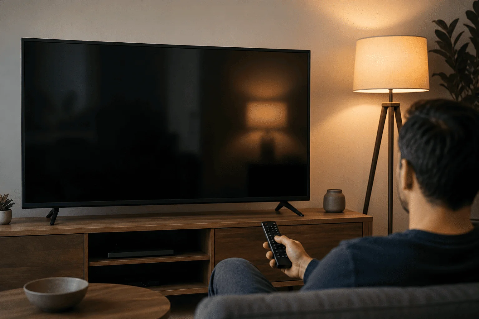 Modern smart TV in a living room highlighting home privacy and connected technology.