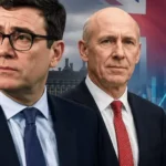 Andy Burnham and John Healey with UK Parliament and financial market graphics symbolizing economic leadership.