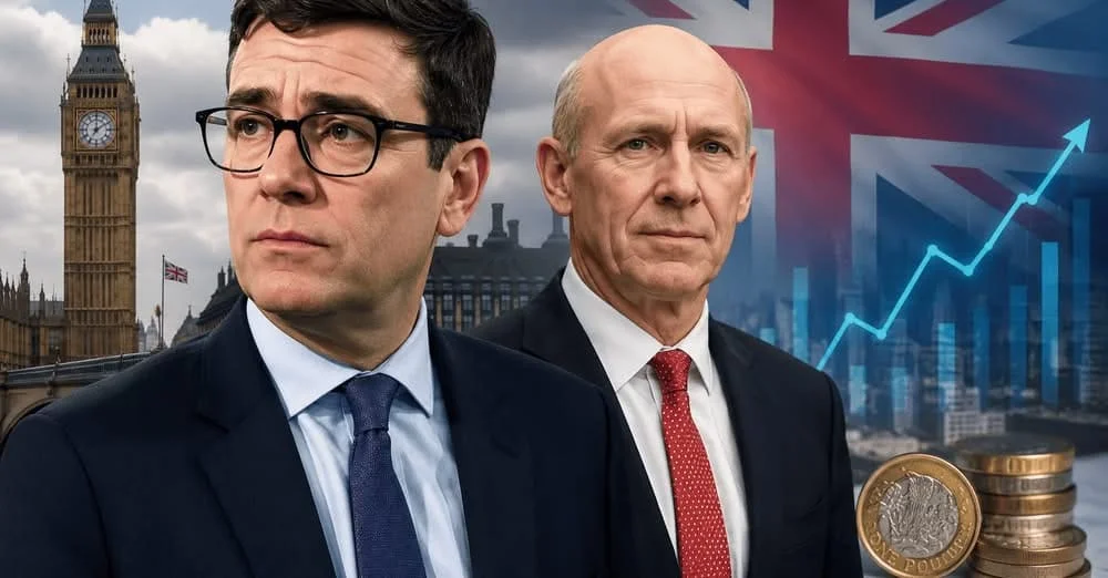 Andy Burnham and John Healey with UK Parliament and financial market graphics symbolizing economic leadership.